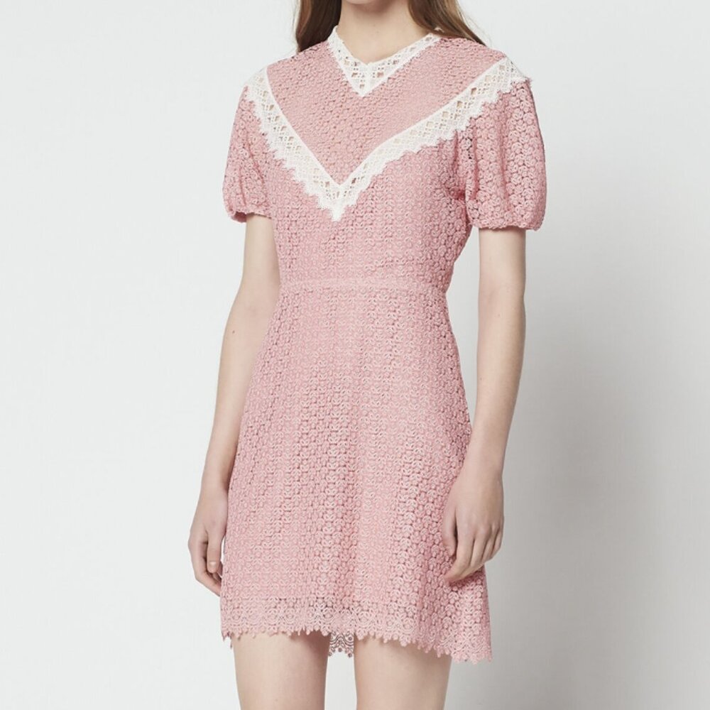 NWOT Sandro Pink Two-tone lace dress with high neck (size 36)